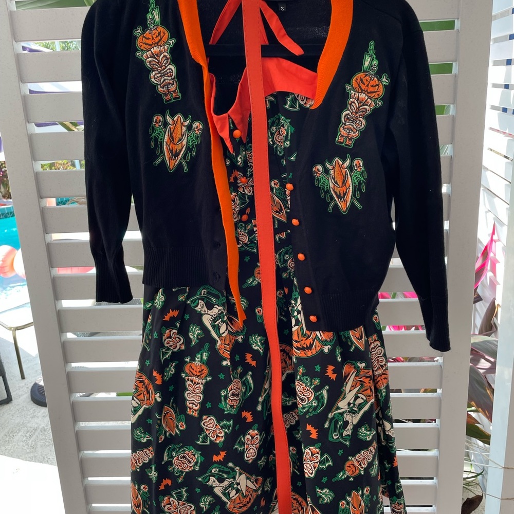Sourpuss Evil Pumpkin Halter Dress w/Sweater Small